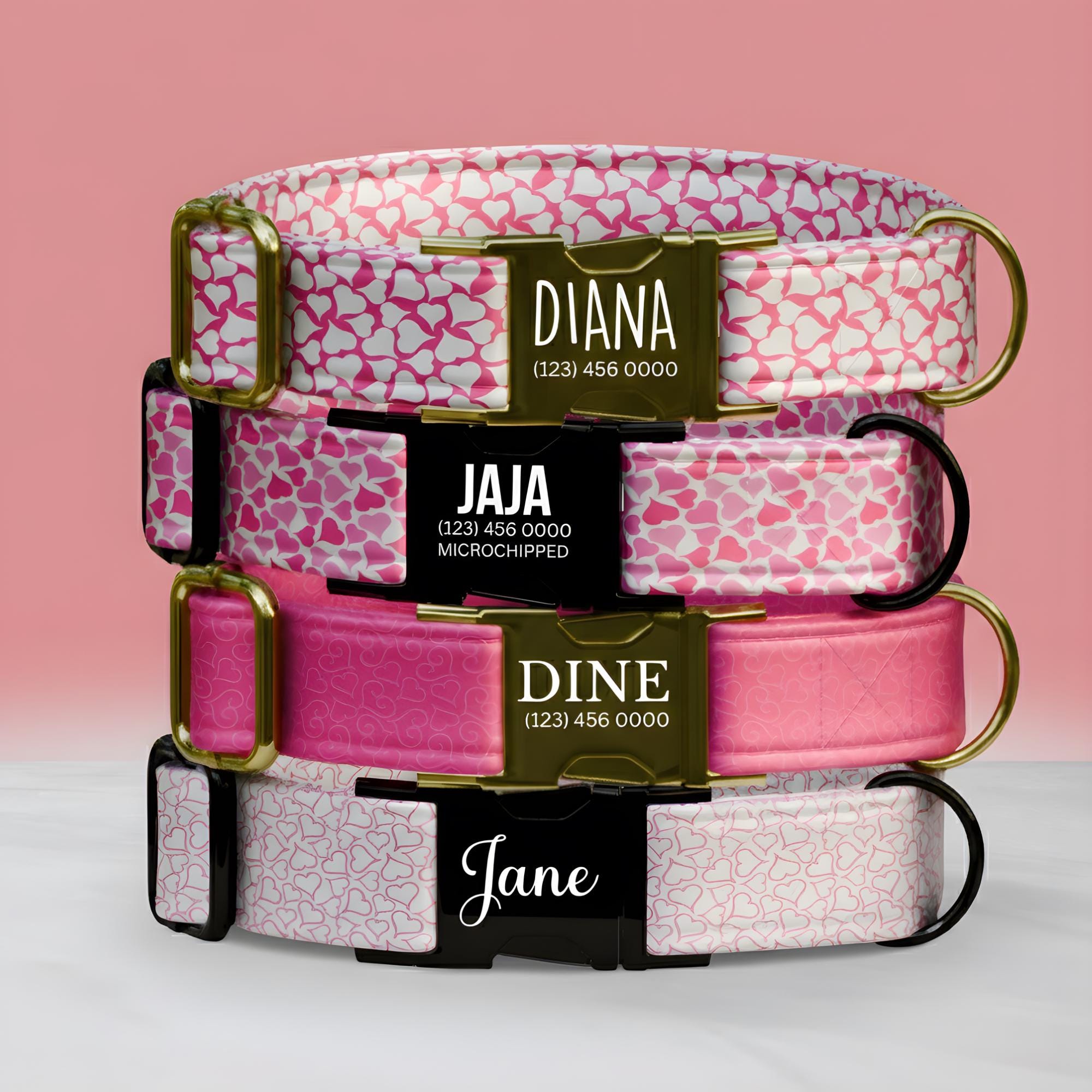 Personalized Valentine Dog Collar: Pink Heart Print, Custom Name (OG-413)