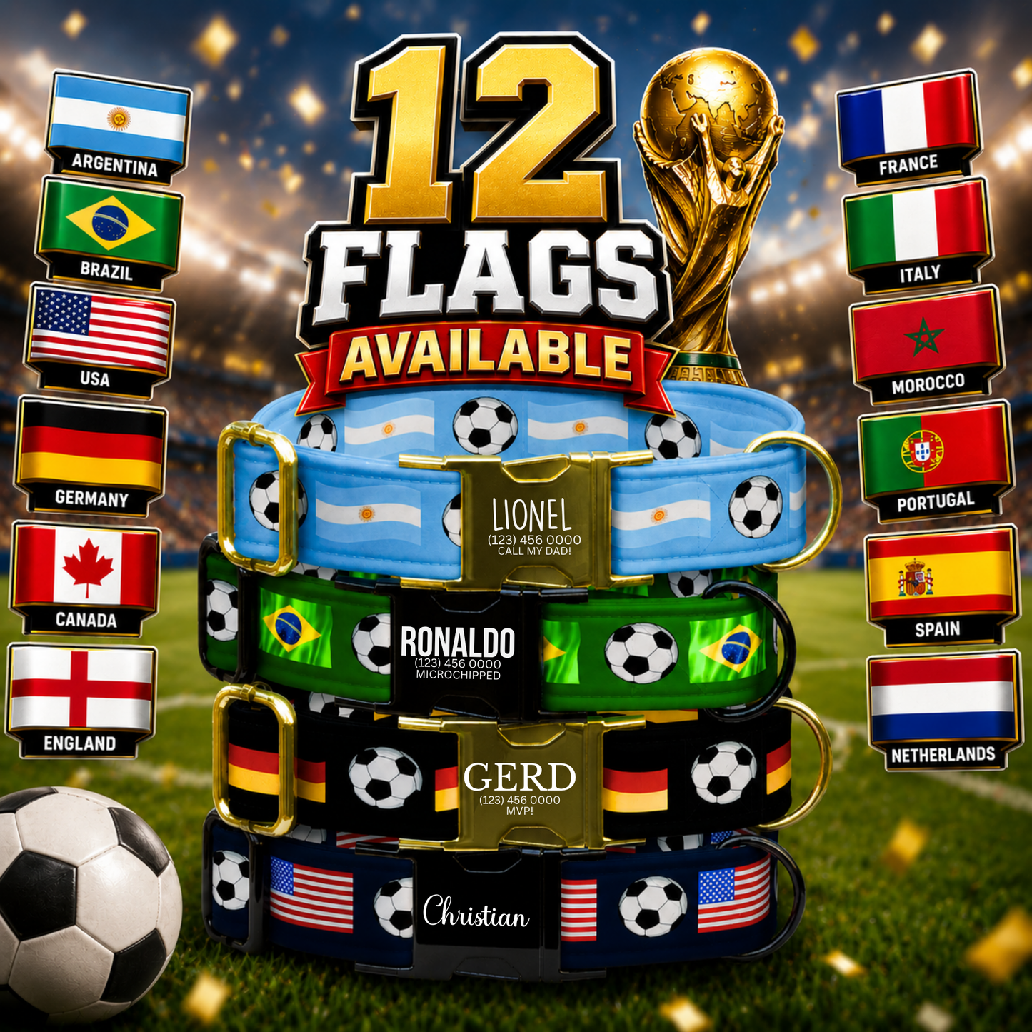 Custom Soccer Dog Collar, FIFA World Cup Inspired Pet Collar, Personalized Engraved Name 12 Country Flags Pet Collar Gift Pet Owner (OG-647)