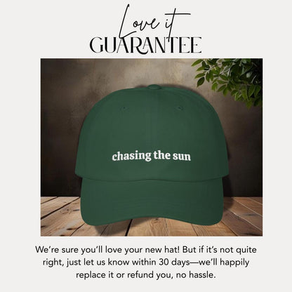 Classic Dad Cap Embroidered Chasing The Sun Motivational Quote Hat Gift Idea for Travelers and Dreamers Daily Wear Cap Gift for Her or Him