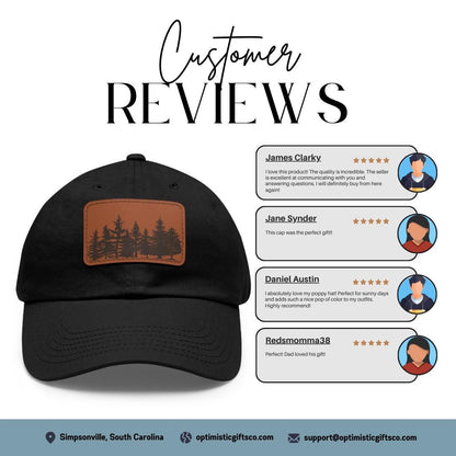 Pine Tree Forest Dad Hat with Leather Patch (Rectangle) Hiking, Camping, Travel Cap Outdoor Adventure Dad Hat Unique Cap Gift for Him or Her