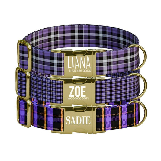Personalized Purple Plaid Dog Collar & Leash Set