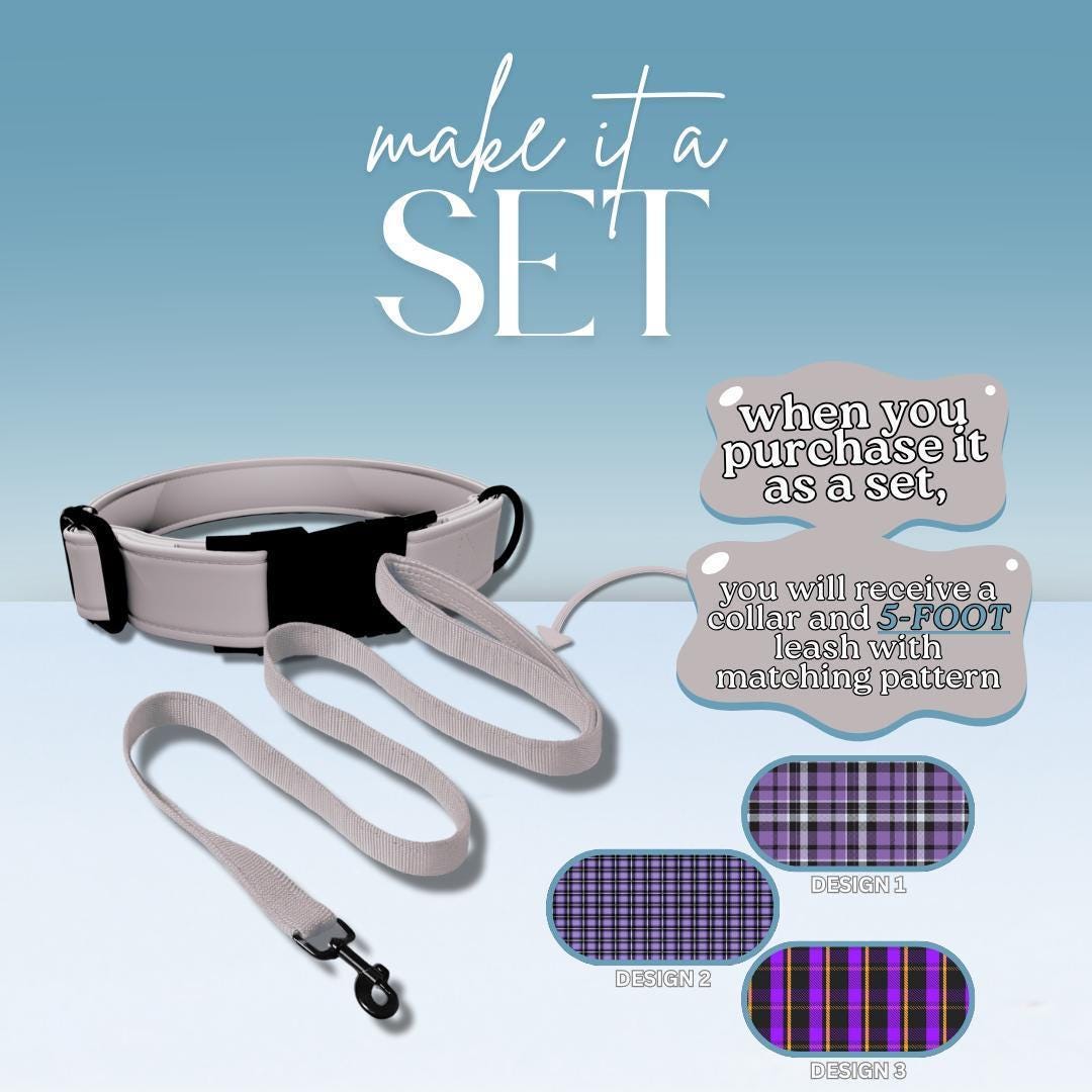 Personalized Purple Plaid Dog Collar & Leash Set