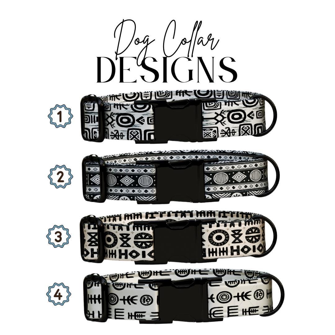 Personalized Tribal Chic Dog Collar  Black & White Boho Patterns with Luxe Custom Metal Bucklee (OG-378)