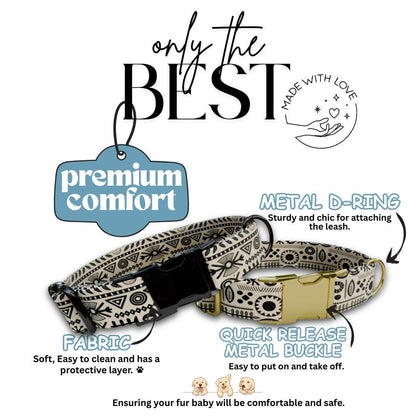 Personalized Boho Moon Dog Collar  Black & Cream Folk Patterns with Chic Custom Metal Buckle (OG-379)