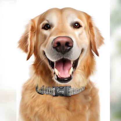 Personalized Boho Moon Dog Collar  Black & Cream Folk Patterns with Chic Custom Metal Buckle (OG-379)