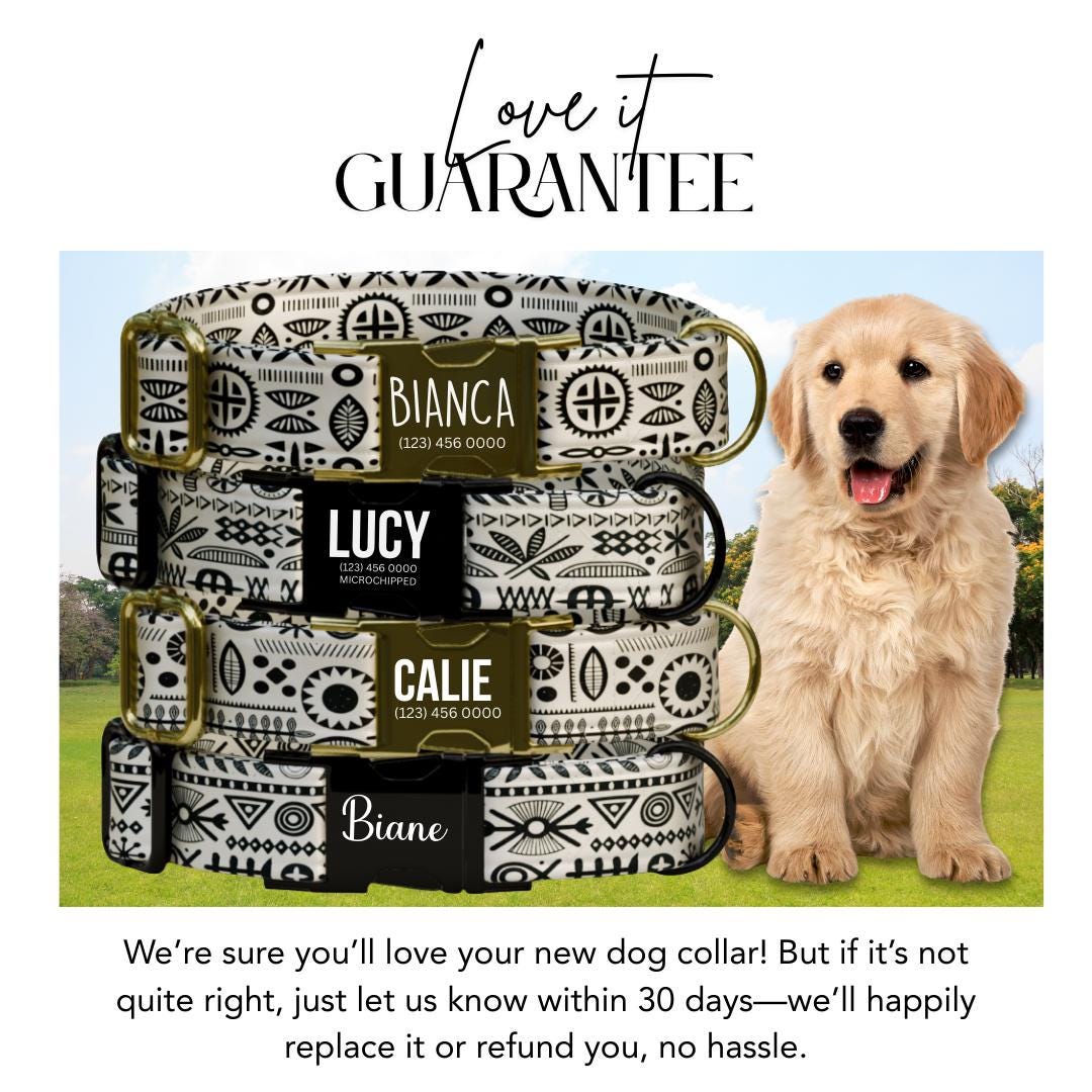 Personalized Boho Moon Dog Collar  Black & Cream Folk Patterns with Chic Custom Metal Buckle (OG-379)