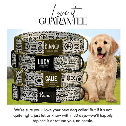 Personalized Boho Moon Dog Collar  Black & Cream Folk Patterns with Chic Custom Metal Buckle (OG-379)