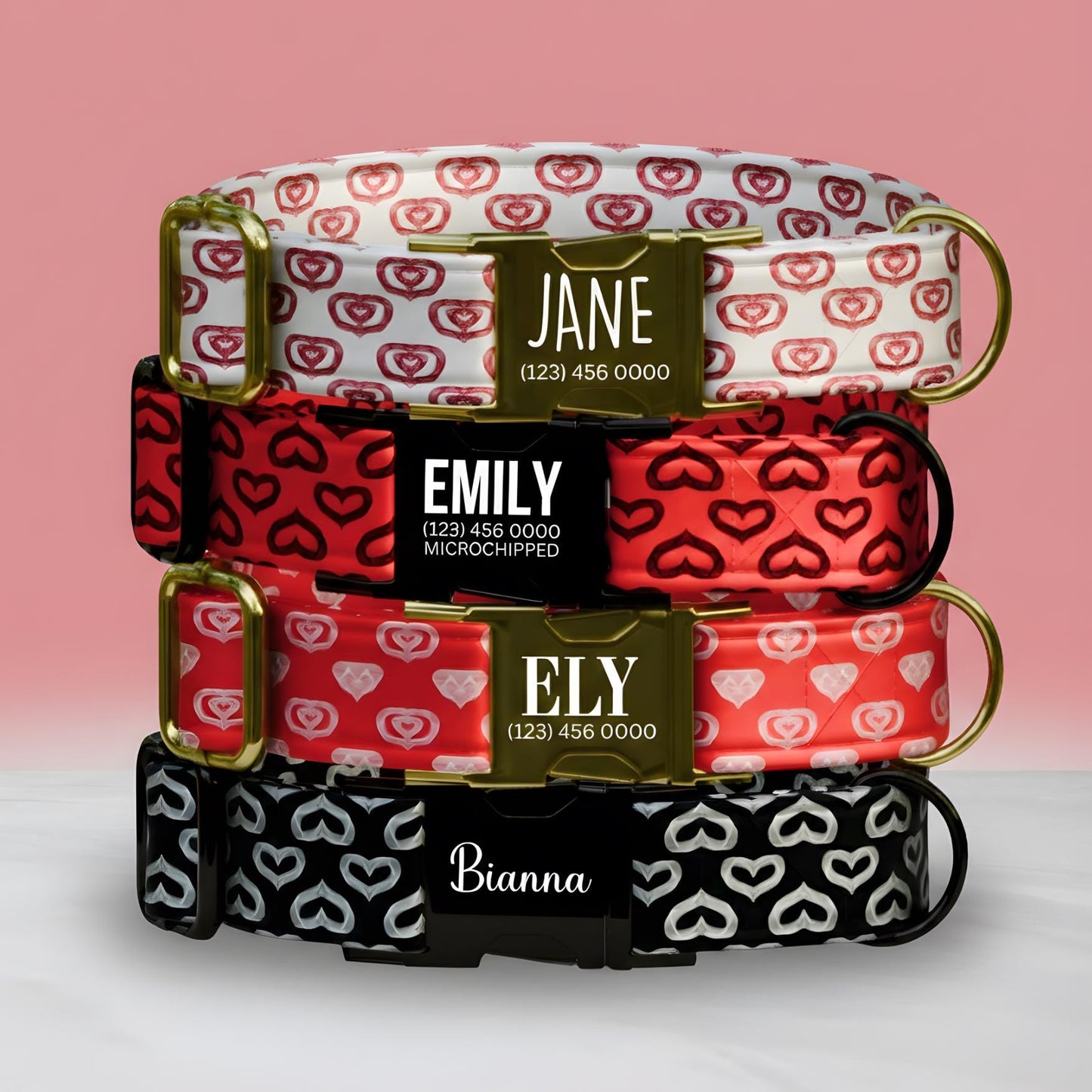 Personalized Heart Print Dog Collar, Custom Name & Number (OG-397)