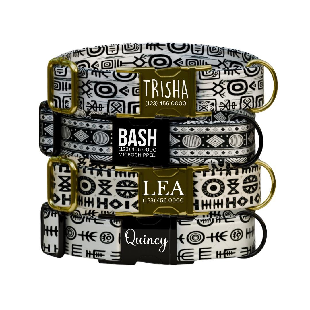 Personalized Tribal Chic Dog Collar  Black & White Boho Patterns with Luxe Custom Metal Bucklee (OG-378)