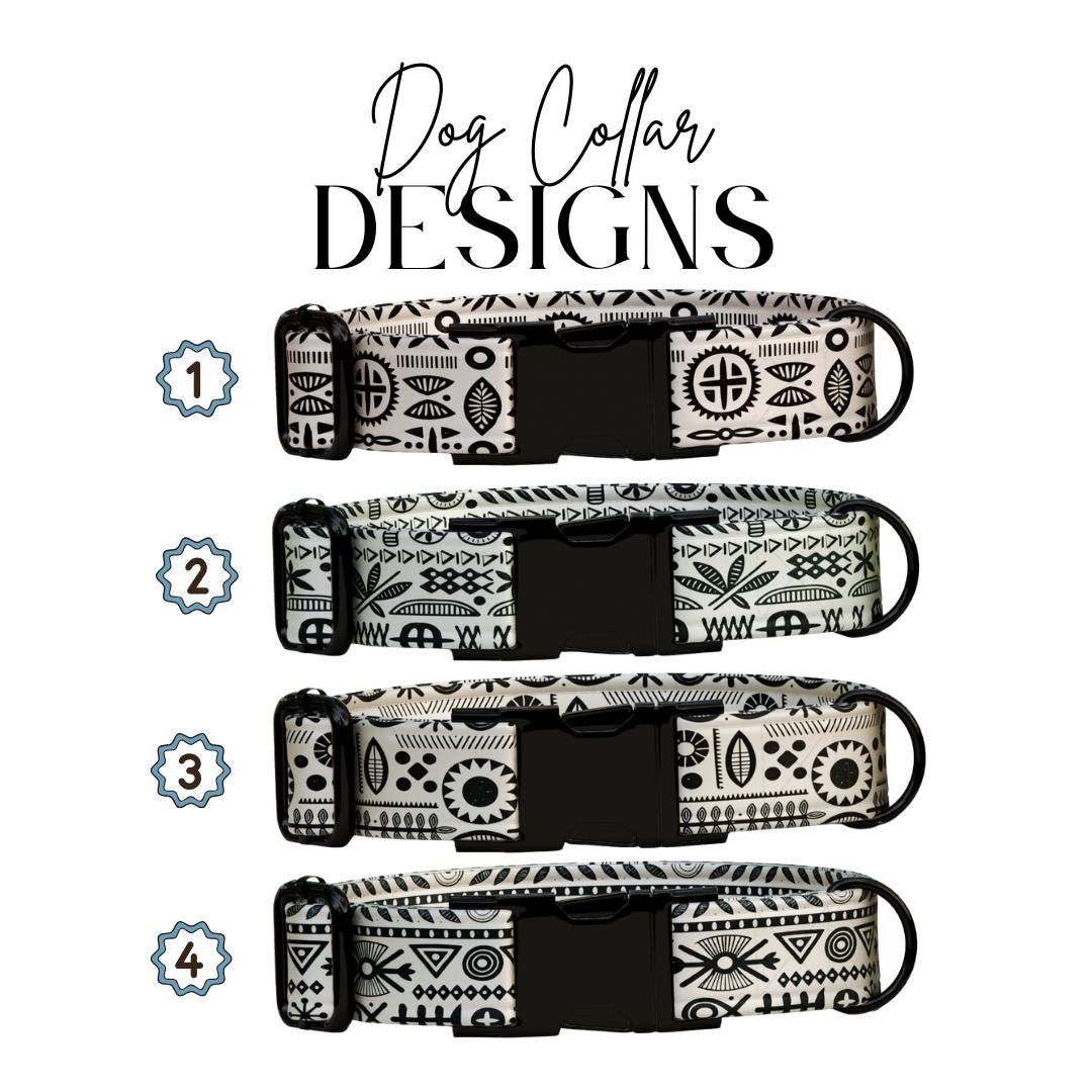 Personalized Boho Moon Dog Collar  Black & Cream Folk Patterns with Chic Custom Metal Buckle (OG-379)
