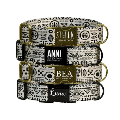 Personalized Boho Moon Dog Collar  Black & Cream Folk Patterns with Chic Custom Metal Buckle (OG-379)