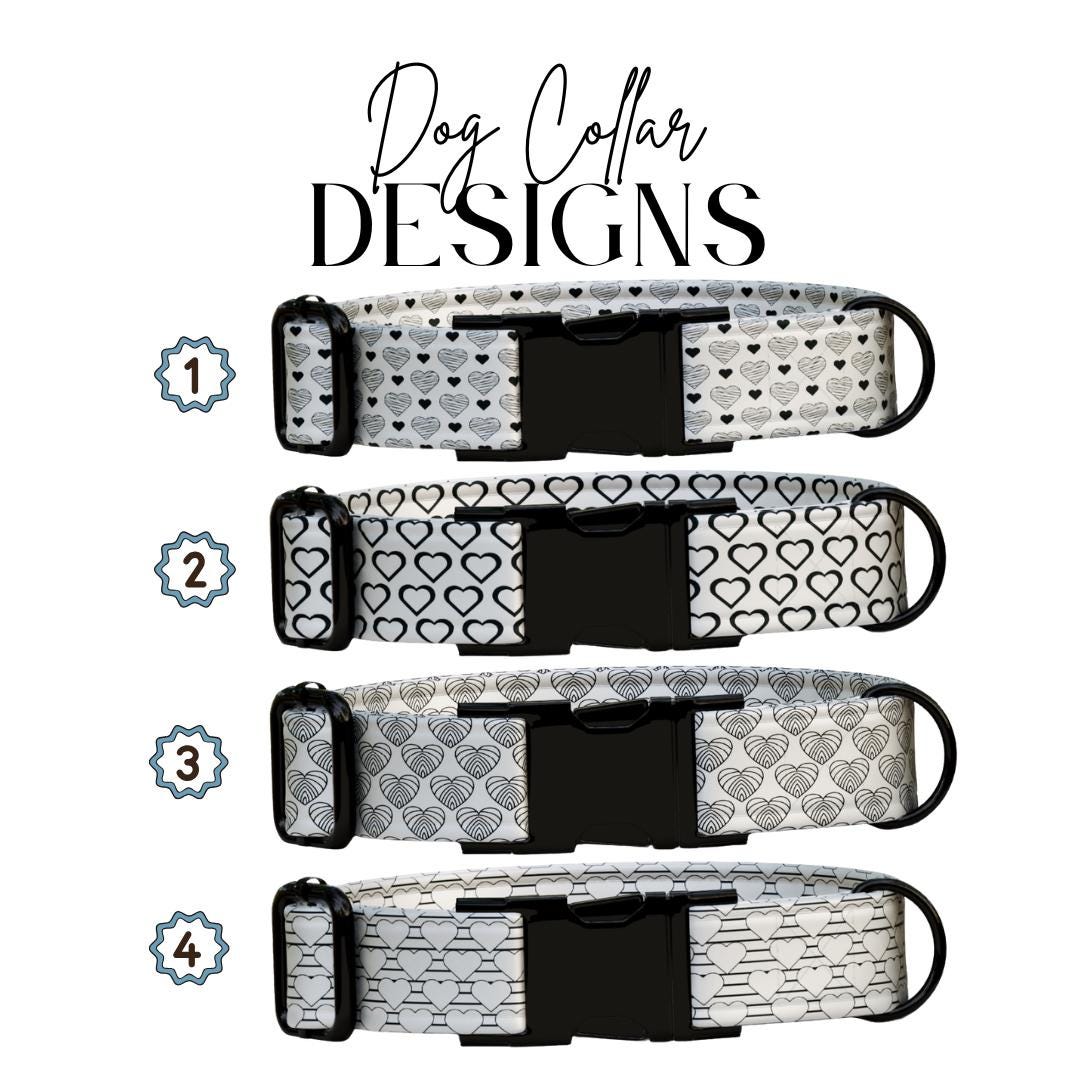 Black & White Heart Dog Collar, Minimalist Love Pattern, Custom Pet ID (OG-398)