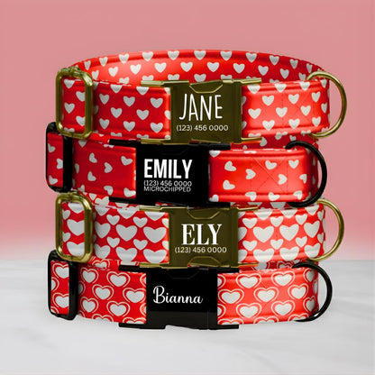 Personalized Valentine's Dog Collar  Red Hearts, Metal Buckle (OG-403)