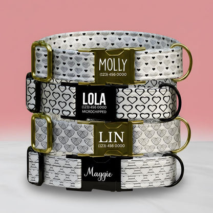 Black & White Heart Dog Collar, Minimalist Love Pattern, Custom Pet ID (OG-398)