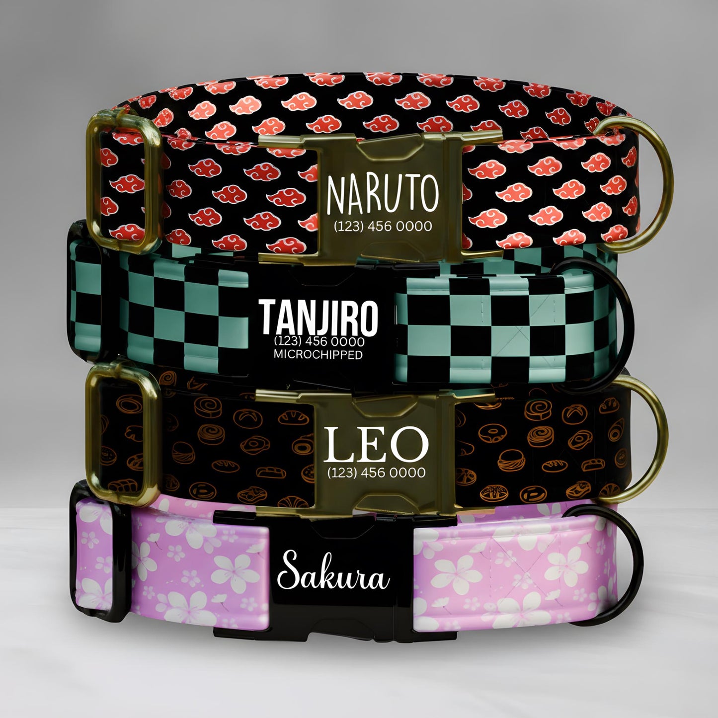 Anime Dog Collar, Personalized Akatsuki Clouds, Checkered Hero, Ramen, Sakura (OG-418)
