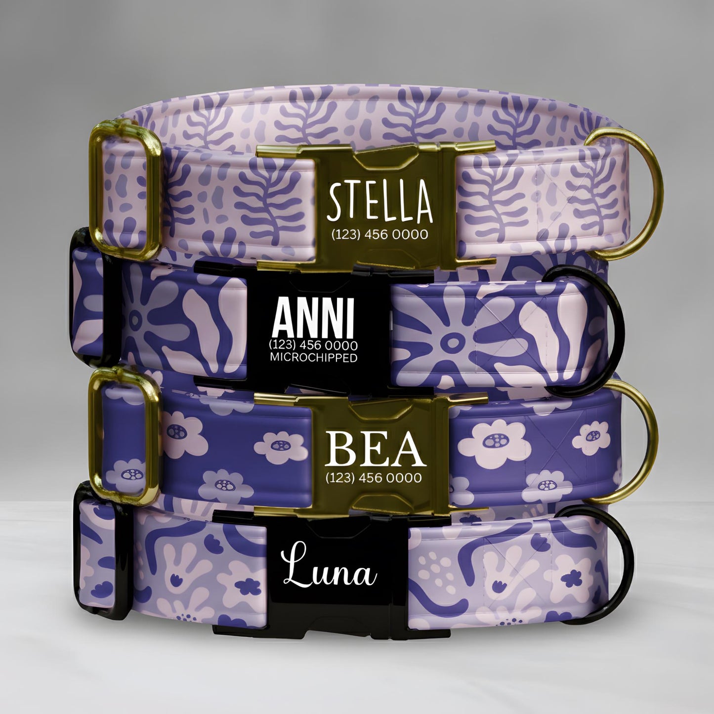 Lavender Floral Dog Collar, Personalized Engraved Fabric Collar & Leash Set (OG-416)