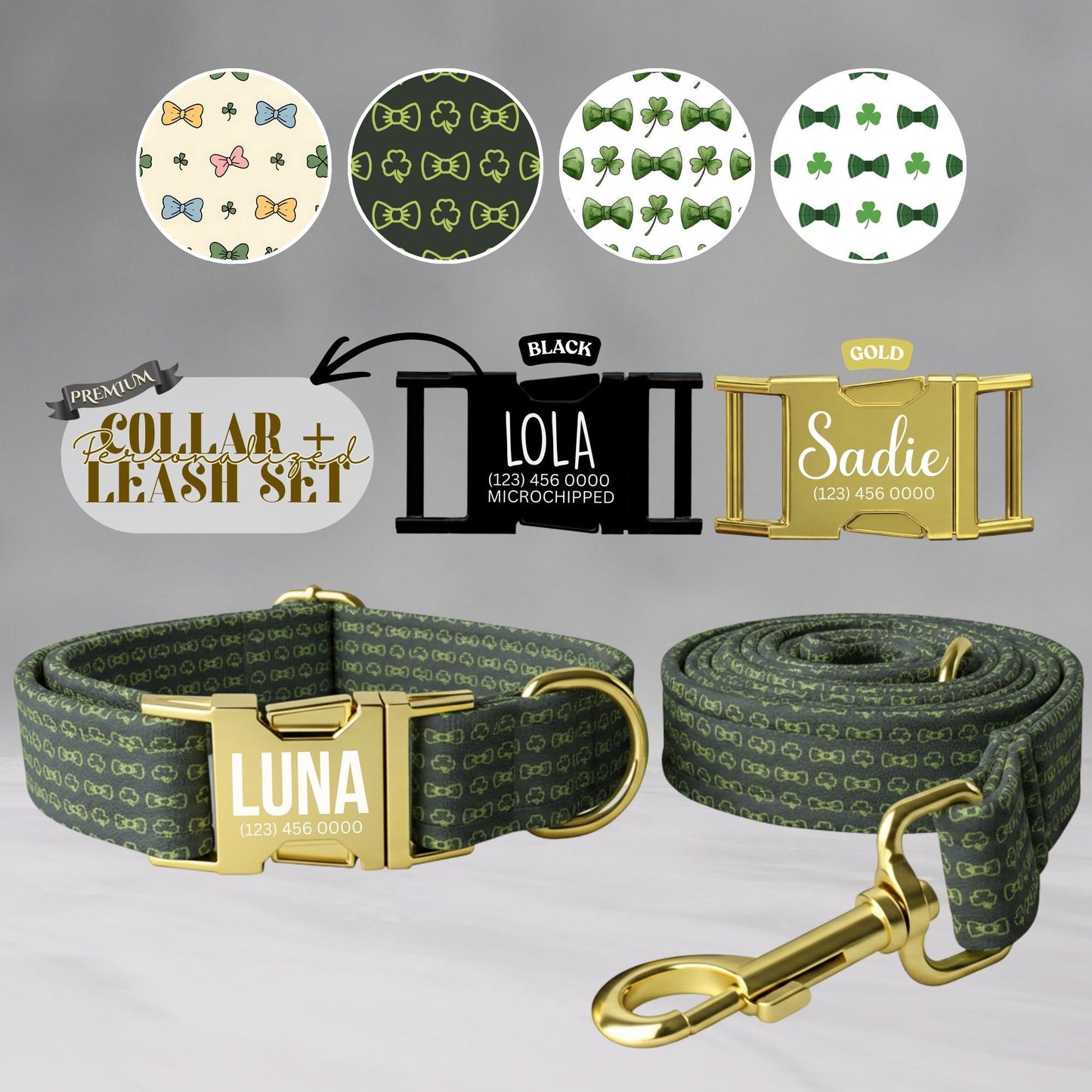 Lucky Bow Personalized Dog Collar  Clover & Bow Print Custom St. Patrick's Day Gift  (OG-435)