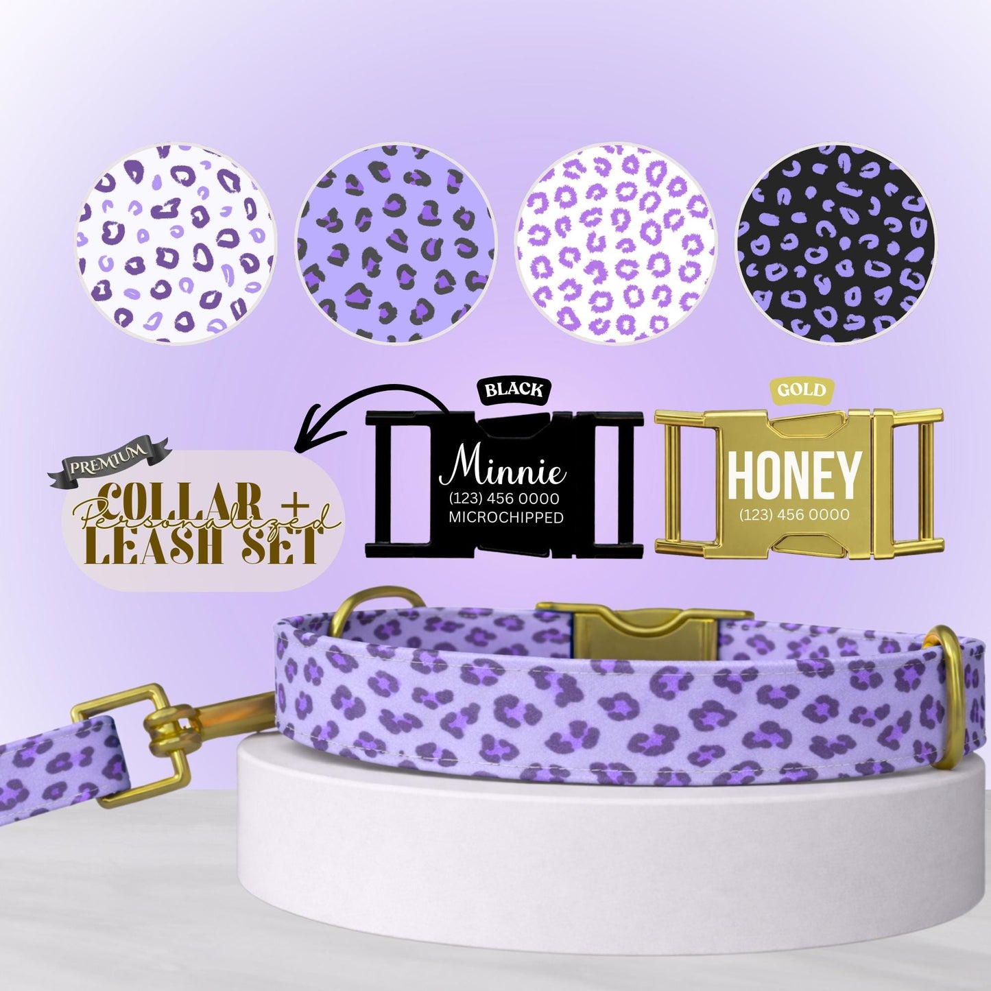Purple Leopard Luxe Personalized Dog Collar Custom Engraved Buckle leopard Print (OG-426)