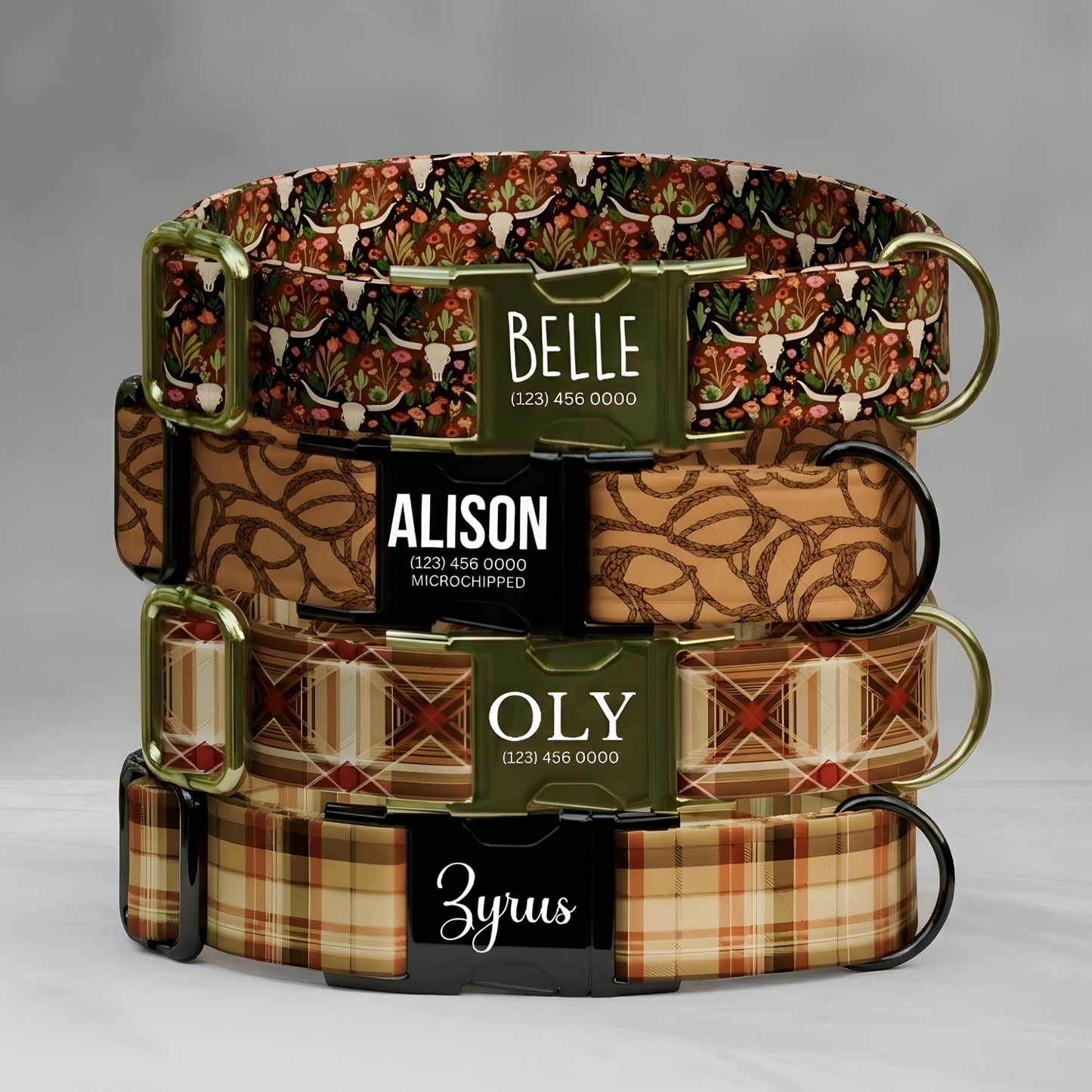 Western Boho  Rustic Floral & Plaid Personalized Dog Collar Leash Set Cowboy Custom Tag (OG-508)