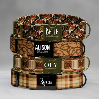 Western Boho  Rustic Floral & Plaid Personalized Dog Collar Leash Set Cowboy Custom Tag (OG-508)