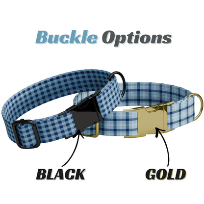 Blue Plaid Print Personalized Dog Collar Custom Name Matching Leash Set Blue Tag (OG-515)