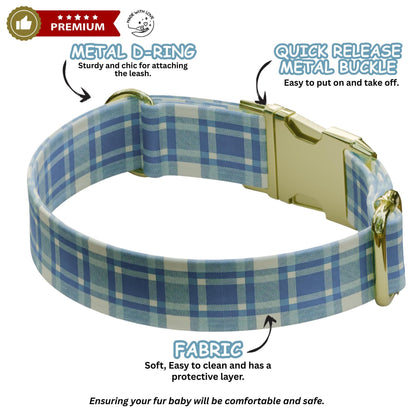 Blue Plaid Print Personalized Dog Collar Custom Name Matching Leash Set Blue Tag (OG-515)