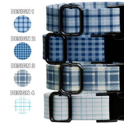 Blue Plaid Print Personalized Dog Collar Custom Name Matching Leash Set Blue Tag (OG-515)