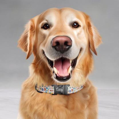 Smiley Face Retro Dog Collar with Leash: Custom Adjustable, Metal Buckle (OG-457)