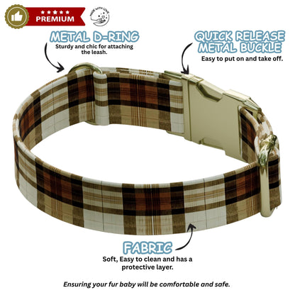 Autumn Plaid Personalized Dog Collar Custom NamePlate Fall Brown Gingham Pet Collar (OG-517)