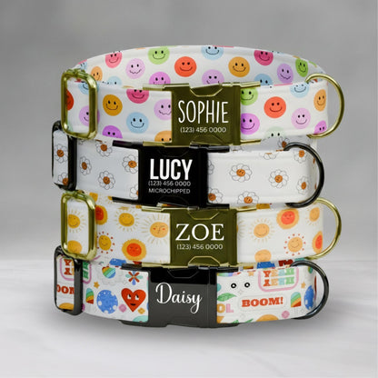 Smiley Face Retro Dog Collar with Leash: Custom Adjustable, Metal Buckle (OG-457)