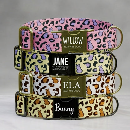 Bunny Leopard Personalized Dog Collar & Leash Set | Engraved Nameplate Spring Puppy Collar Gift (OG-471)