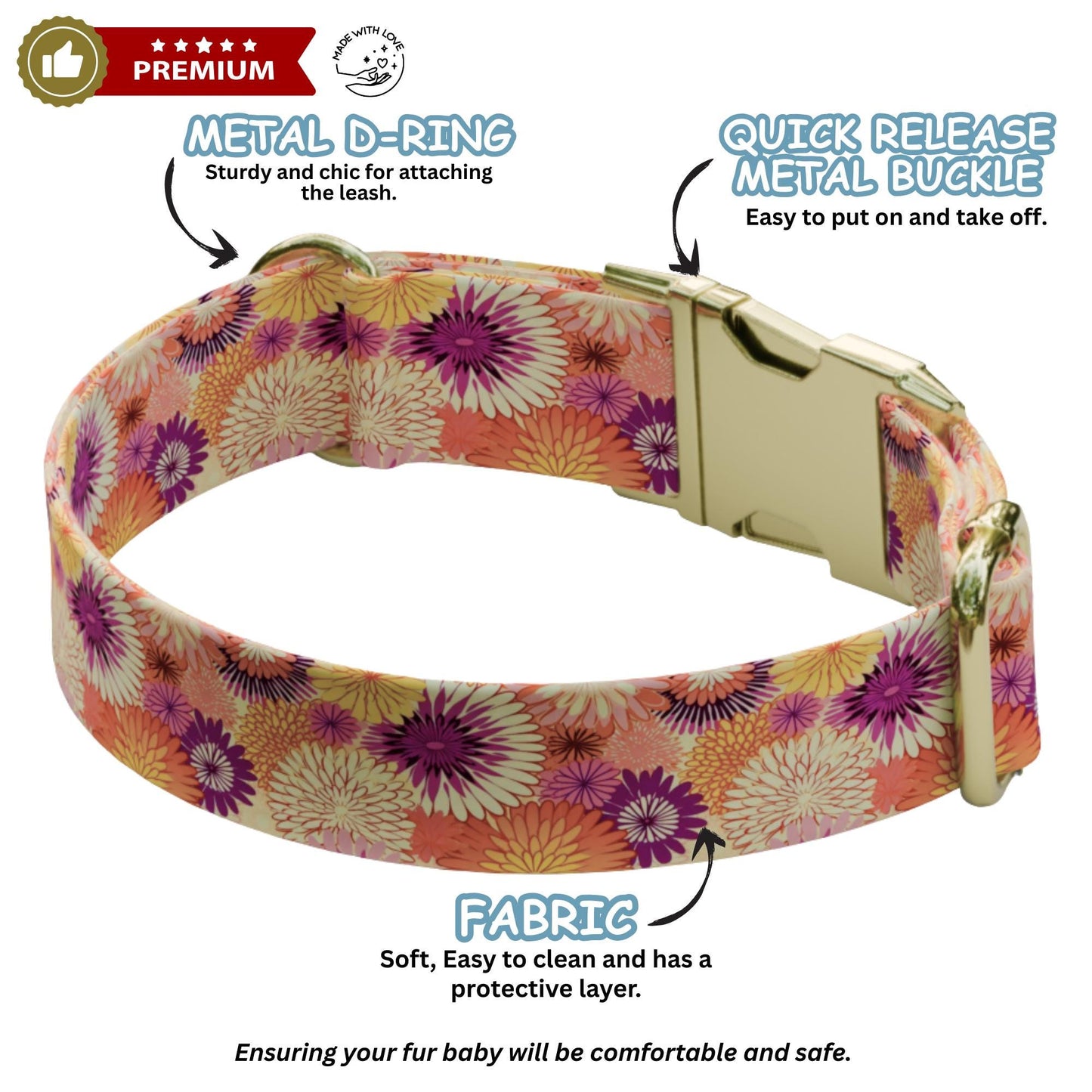 Floral Daisy Personalized Dog Collar Flower Boho Adjustable Collar & Leash Set Pet Gift (OG-524)