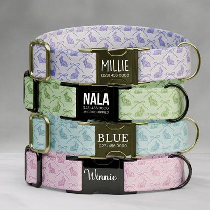 Bunny Dog Collar Personalized Easter Dog Collar Custom Pastel Spring Puppy Collar Rabbit Pattern Pet Collar Gift (OG-473)