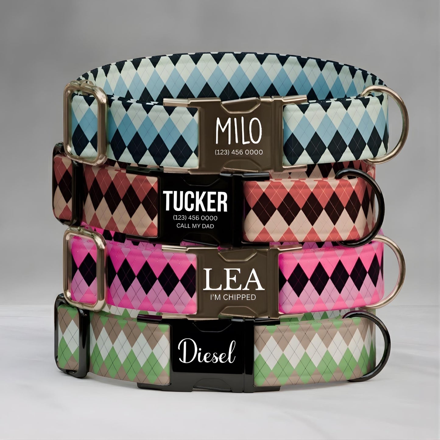 Argyle Personalized Dog Collar Custom Name Diamond Design Argyle Pet ID Tag (OG-528)