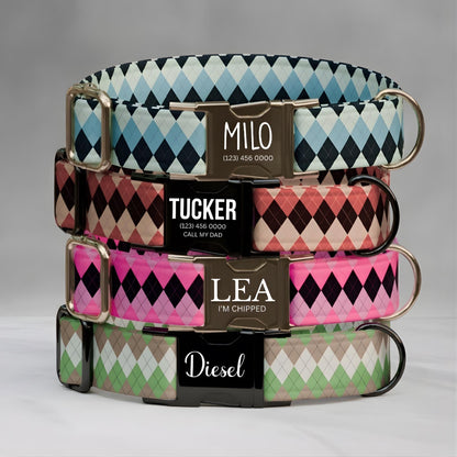 Argyle Personalized Dog Collar Custom Name Diamond Design Argyle Pet ID Tag (OG-528)
