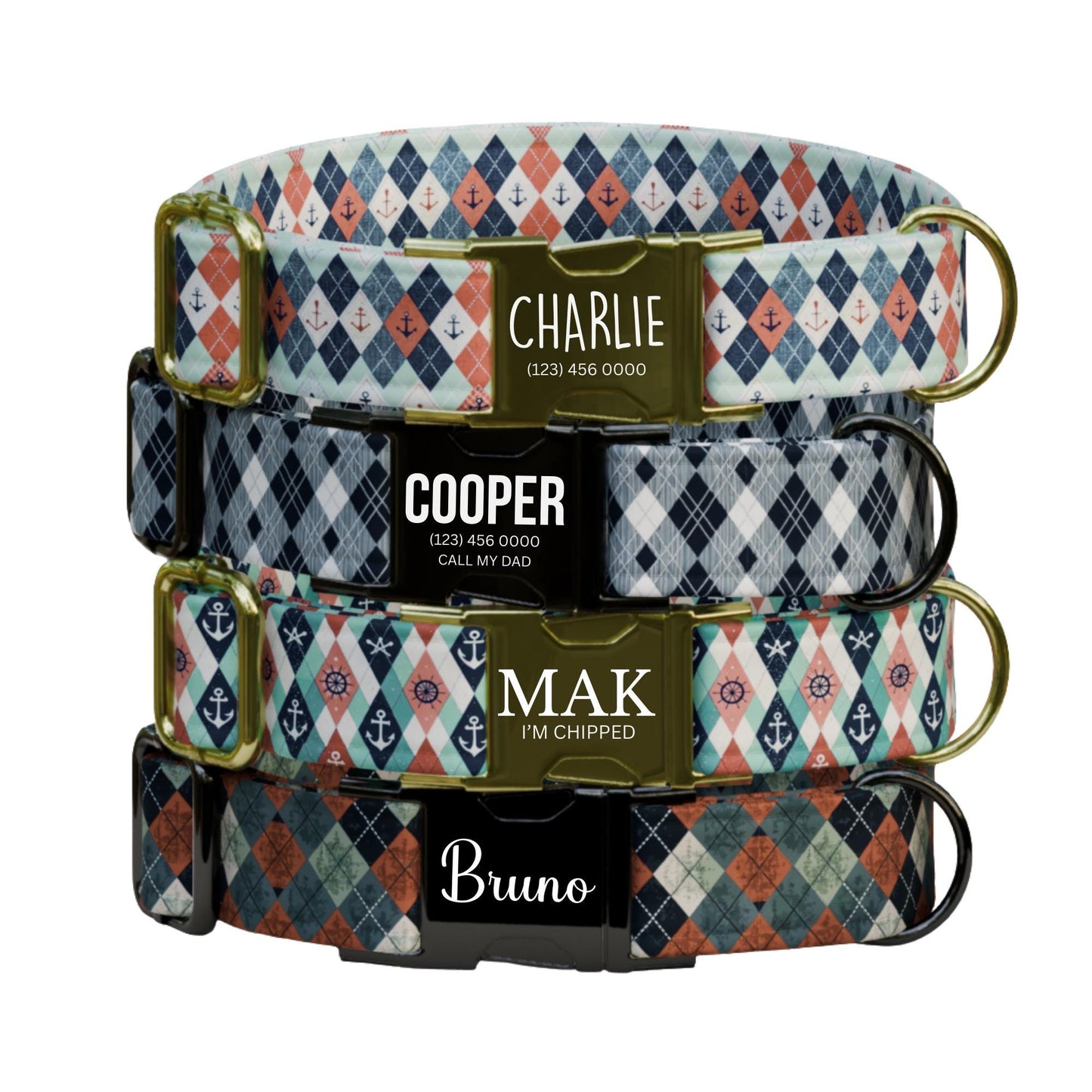 Argyle Personalized Dog Collar Custom Name Diamond Design Argyle Pet ID Tag (OG-529)