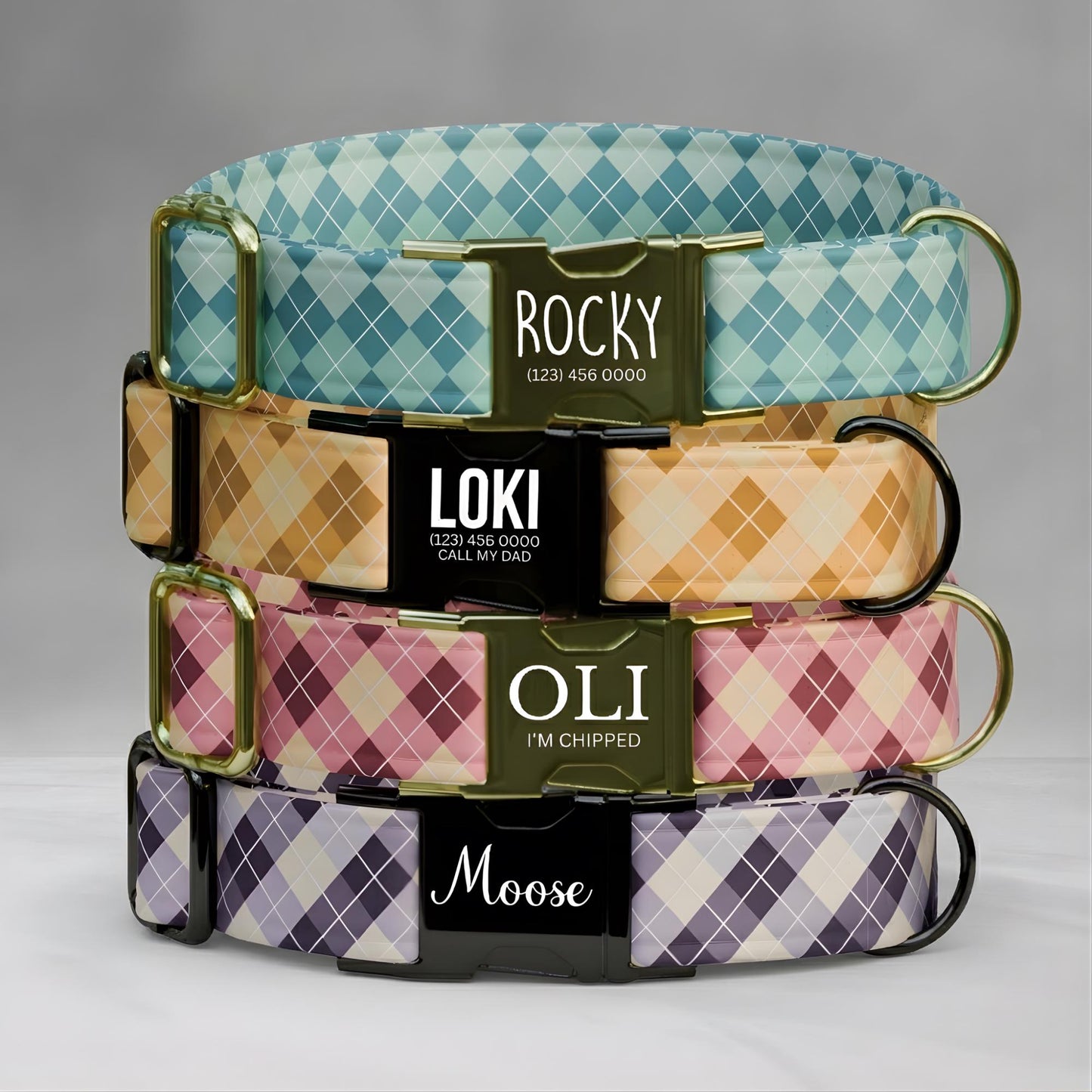 Argyle Personalized Dog Collar Custom Name Diamond Design Argyle Pet ID Tag (OG-530)