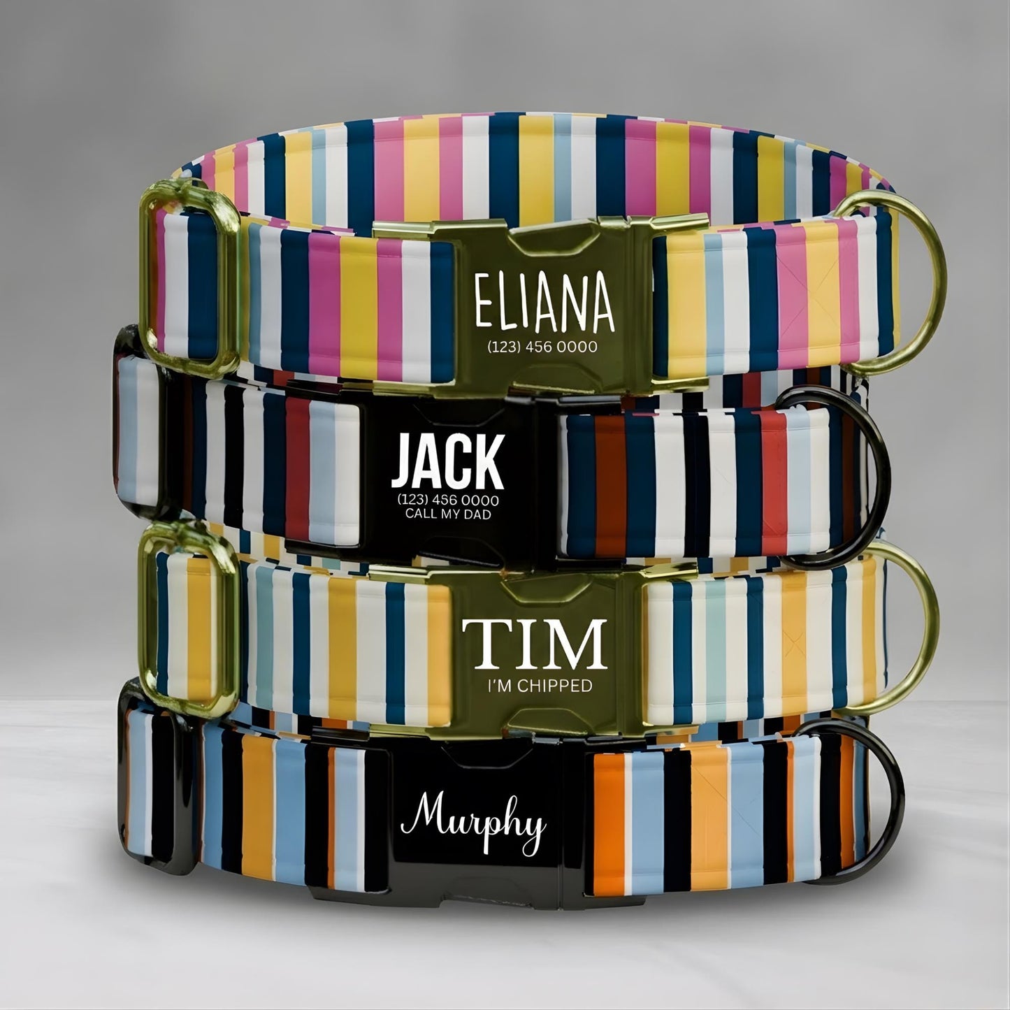 Striped Pattern Personalized Dog Collars & Leash Set, Custom Dog Collar with Name Engraved (OG-531)