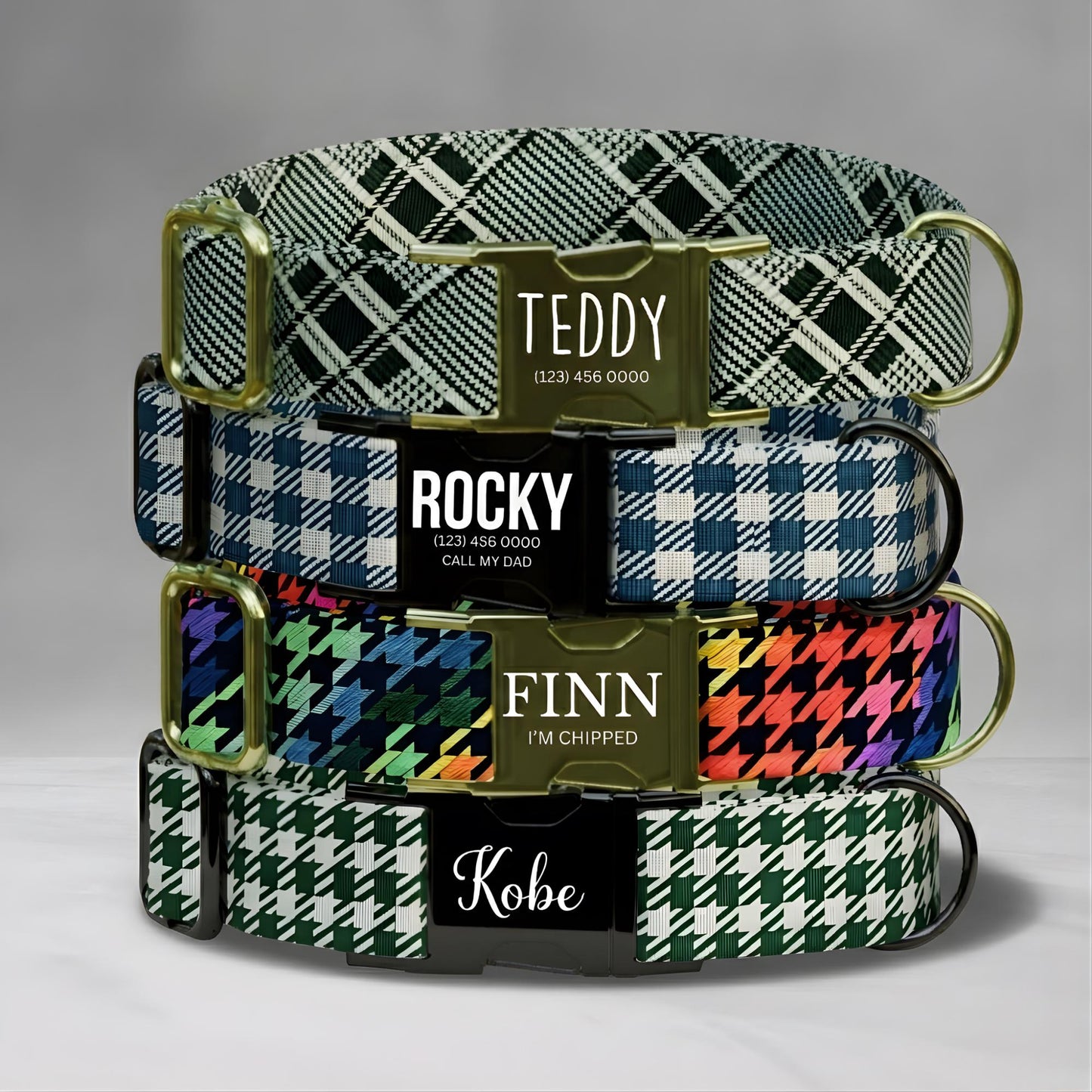 Preppy Plaid Personalized Dog Collar Houndstooth Chic Pup Style Custom Classy Pet Gift (OG-536)