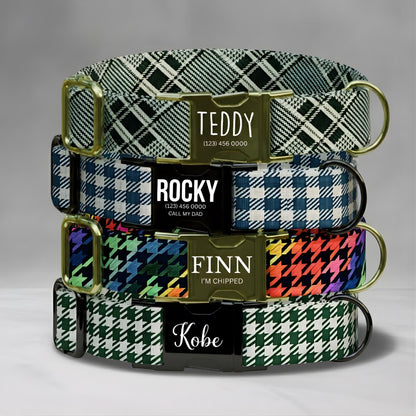 Preppy Plaid Personalized Dog Collar Houndstooth Chic Pup Style Custom Classy Pet Gift (OG-536)