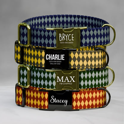 Harlequin Personalized Dog Collar & Leash Set Custom Bold Diamond Pattern Stylish Dog Accessory (OG-542)