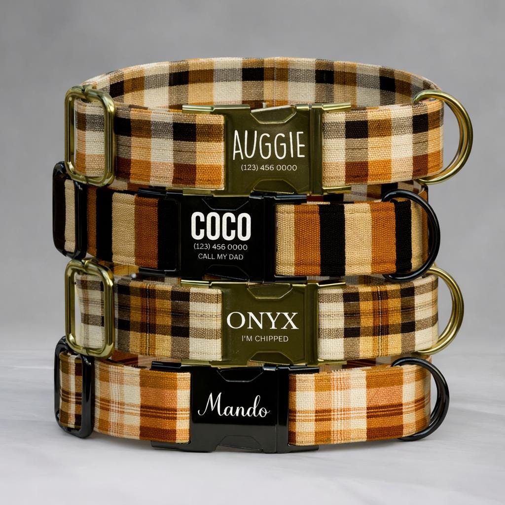 Autumn Plaid Personalized Dog Collar Custom NamePlate Fall Brown Gingham Pet Collar (OG-517)