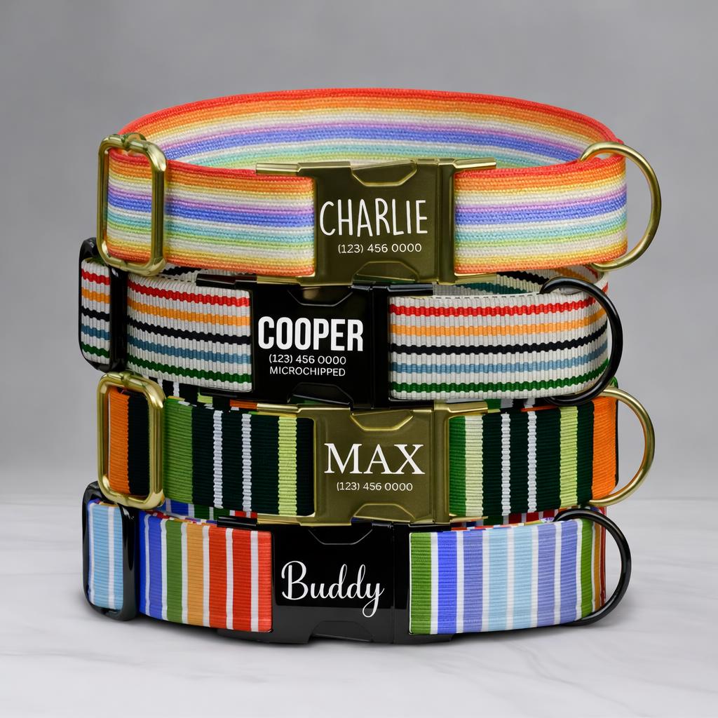 Striped Pattern Personalized Dog Collars & Leash Set, Custom Dog Collar with Name Engraved (OG-512)