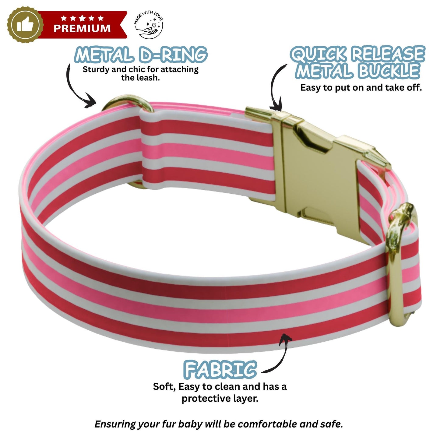 Striped Pattern Personalized Dog Collar Custom Engraved Metal Buckle, Striped Pet Tag (OG-523)