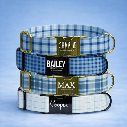 Blue Plaid Print Personalized Dog Collar Custom Name Matching Leash Set Blue Tag (OG-515)