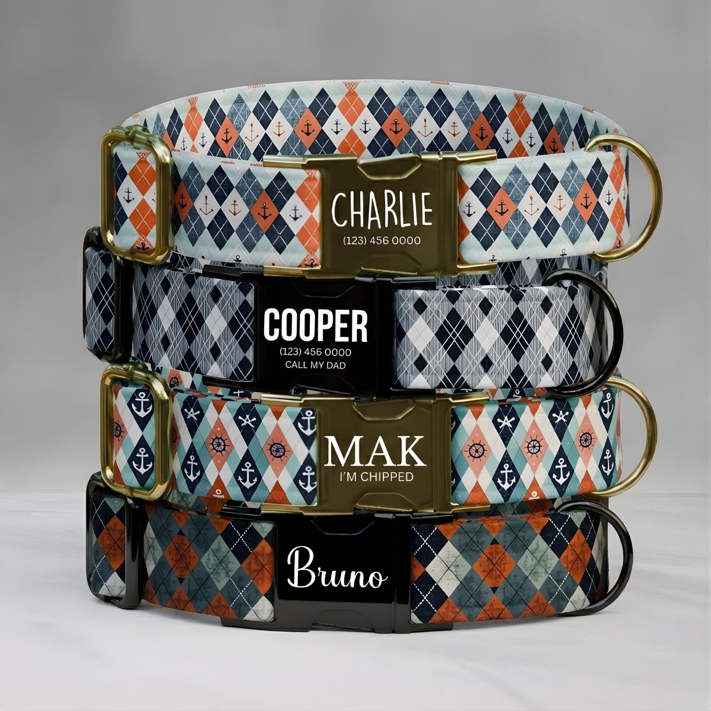 Argyle Personalized Dog Collar Custom Name Diamond Design Argyle Pet ID Tag (OG-529)