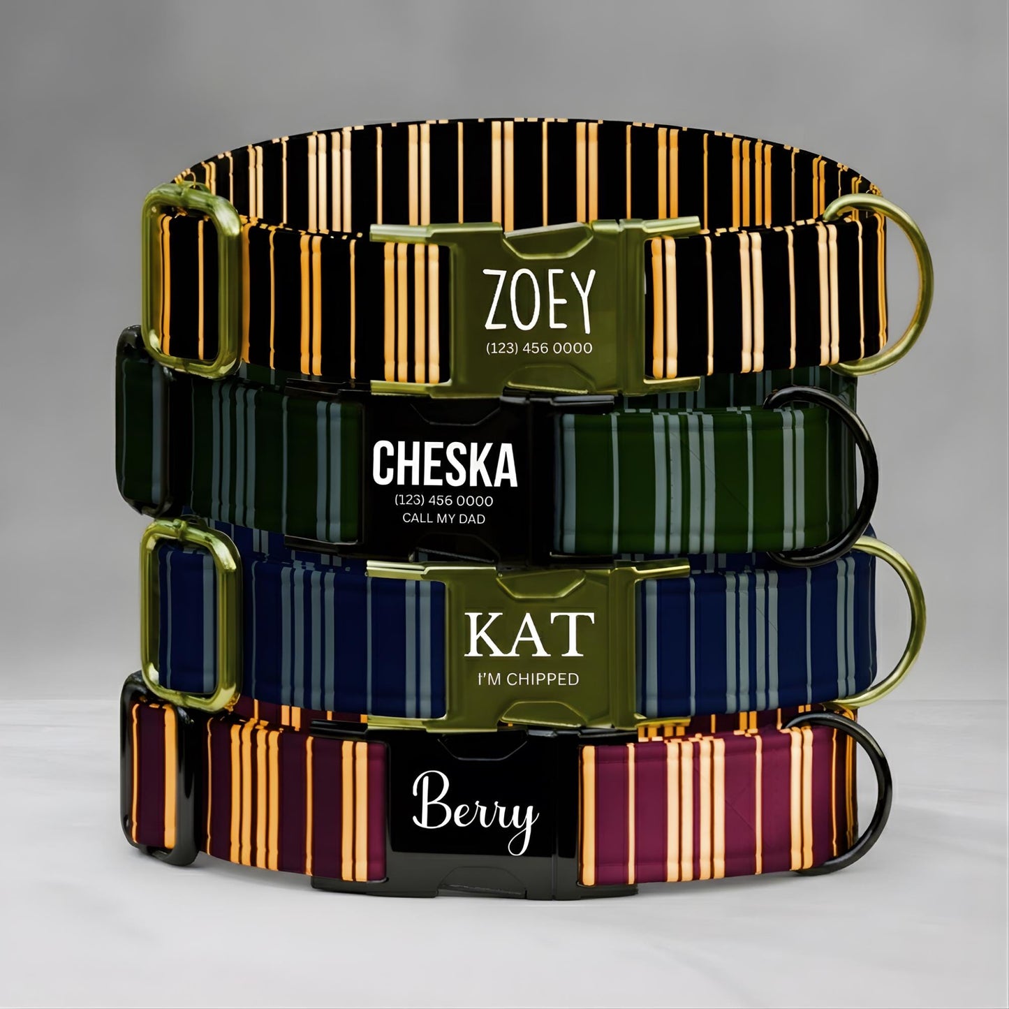 Striped Pattern Personalized Dog Collars & Leash Set, Custom Wizard Pattern Pet ID (OG-539)