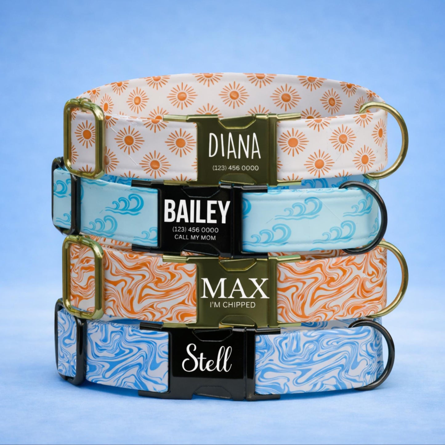 Custom Summer Vibes Dog Collar & Leash Set Personalized Sun Wave Patterns Puppy Collar (OG-554)